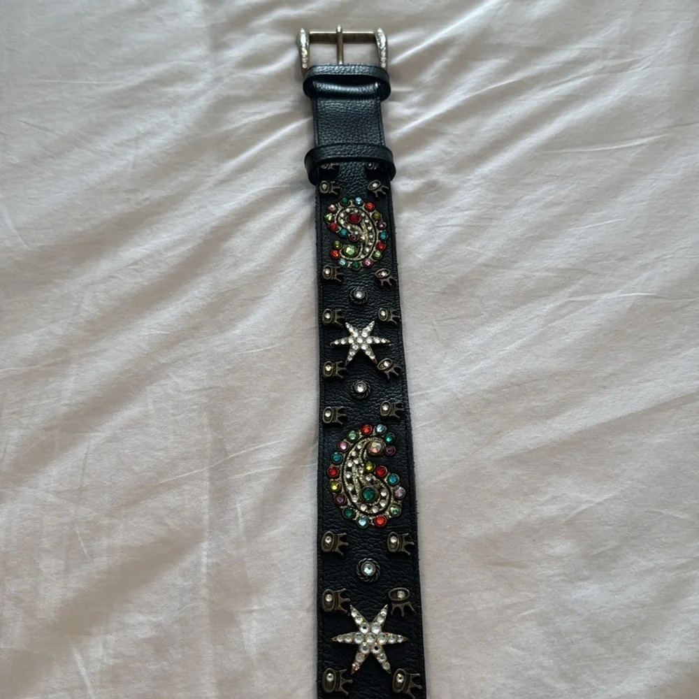 Embellished Black Leather Belt with Colorful Accents